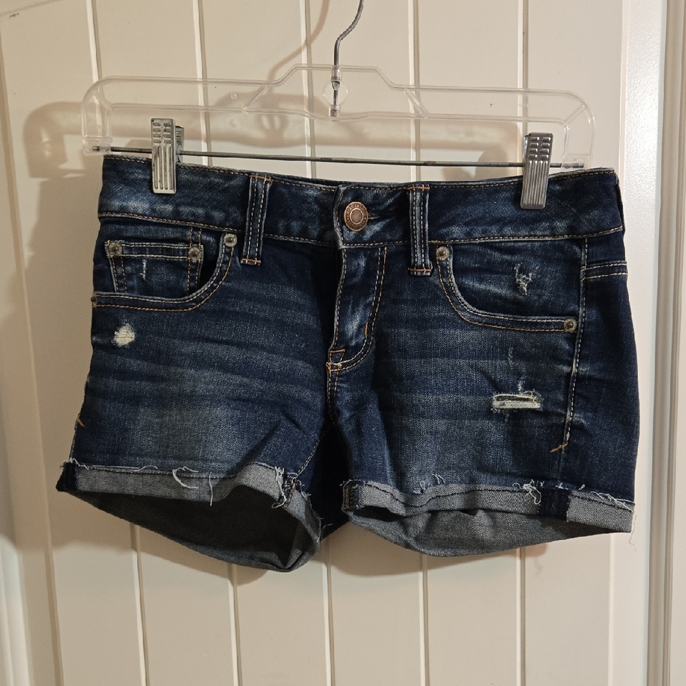 American Eagle Cotton Blend Dark Blue Distressed Jean Shorts Dize 0